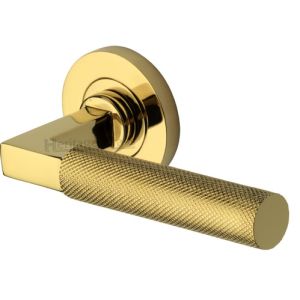 Heritage Brass Signac Knurled Door Handles On Round Rose, Polished Brass  (sold in pairs)