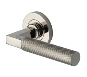Heritage Brass Signac Knurled Door Handles On Round Rose, Polished Nickel (sold in pairs)