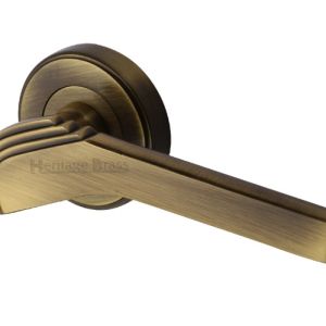 Heritage Brass Tiffany Art Deco Style Door Handles On Round Rose, Antique Brass(sold in pairs)