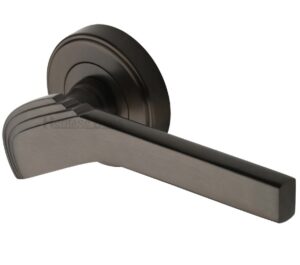 Heritage Brass Tiffany Art Deco Style Door Handles On Round Rose, Matt Bronze (sold in pairs)