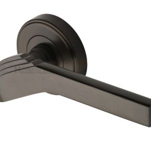 Heritage Brass Tiffany Art Deco Style Door Handles On Round Rose, Matt Bronze (sold in pairs)