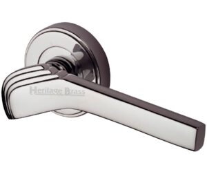 Heritage Brass Tiffany Art Deco Style Door Handles On Round Rose, Polished Nickel (sold in pairs)
