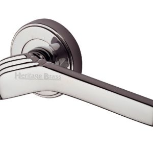 Heritage Brass Tiffany Art Deco Style Door Handles On Round Rose, Polished Nickel (sold in pairs)