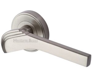 Heritage Brass Tiffany Art Deco Style Door Handles On Round Rose, Satin Nickel  (sold in pairs)