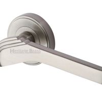 Heritage Brass Tiffany Art Deco Style Door Handles On Round Rose, Satin Nickel  (sold in pairs)