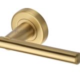 Heritage Brass Challenger Satin Brass Door Handles On Round Rose  (sold in pairs)