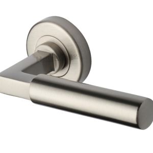 Heritage Brass Bauhaus Satin Nickel Door Handles On Round Rose (sold in pairs)
