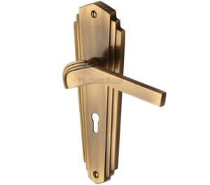 Heritage Brass Waldorf Art Deco Style Door Handles, Antique Brass  (sold in pairs)