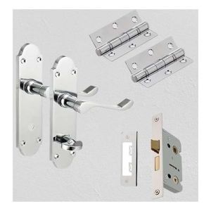 Luxury Lever Door Handles Back Plate-Lever Bathroom Door Pack,Door Bathroom Handle,Lock &Ball Bearing Hinges in PB, SCP Finish & Complete Set