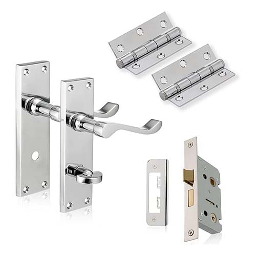 Luxury Lever Door Handles Back Plate-Lever Bathroom Door Pack,Door Bathroom Handle,Lock &Ball Bearing Hinges in PB, SCP Finish & Complete Set