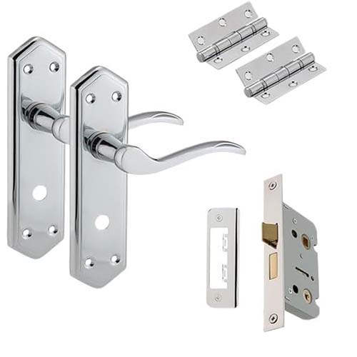 Luxury Lever Door Handles Back Plate-Lever Bathroom Door Pack,Door Bathroom Handle,Lock &Ball Bearing Hinges in PB, SCP Finish & Complete Set