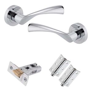 Luxury Door Handle Lever on Rose Latch Pack - Straight Designer Range in Polished Chrome | T-Bar Door Handles, 65mm Tubular Latch and 75mm Ball Bearing Hinges, Door Handle Set