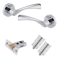 Luxury Door Handle Lever on Rose Latch Pack – Straight Designer Range in Polished Chrome | T-Bar Door Handles, 65mm Tubular Latch and 75mm Ball Bearing Hinges, Door Handle Set